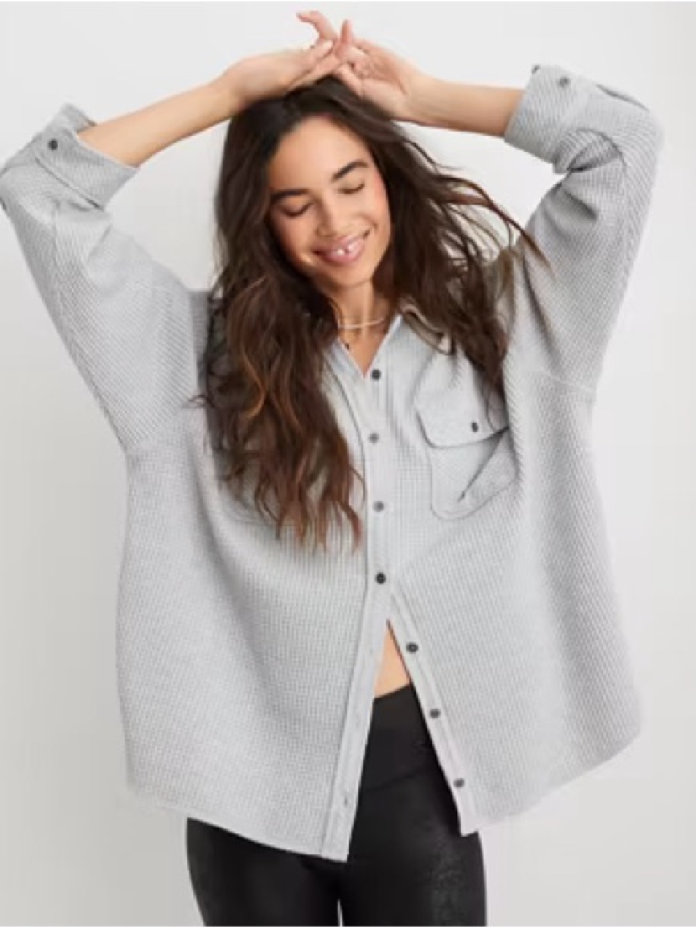 Aerie Lumber Jane Button-Down LongSleeve Waffle Knit Shirt NWOT small Grey